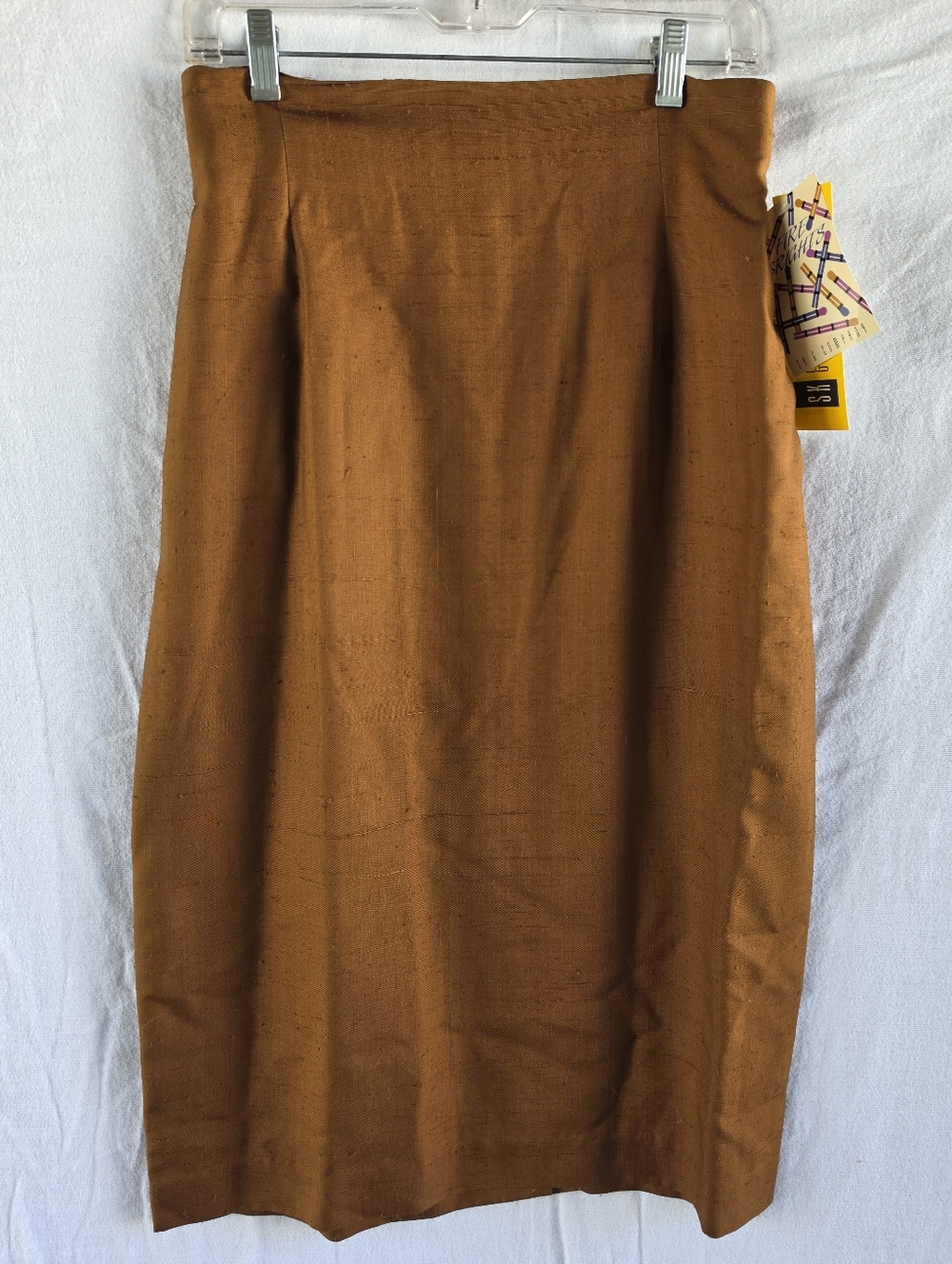NWT Vintage SK & Co Silk Pencil Skirt Cognac Size 12 Made in Hong Kong